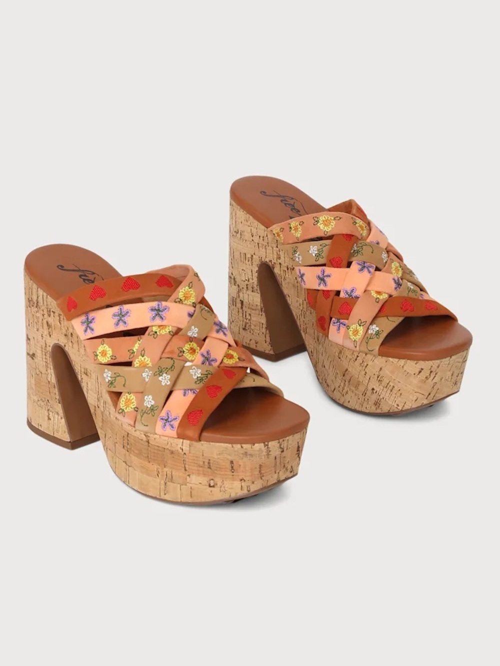 Free People Lisbon Sandbar Cork Leather Embroidered Heel Platform Sandals